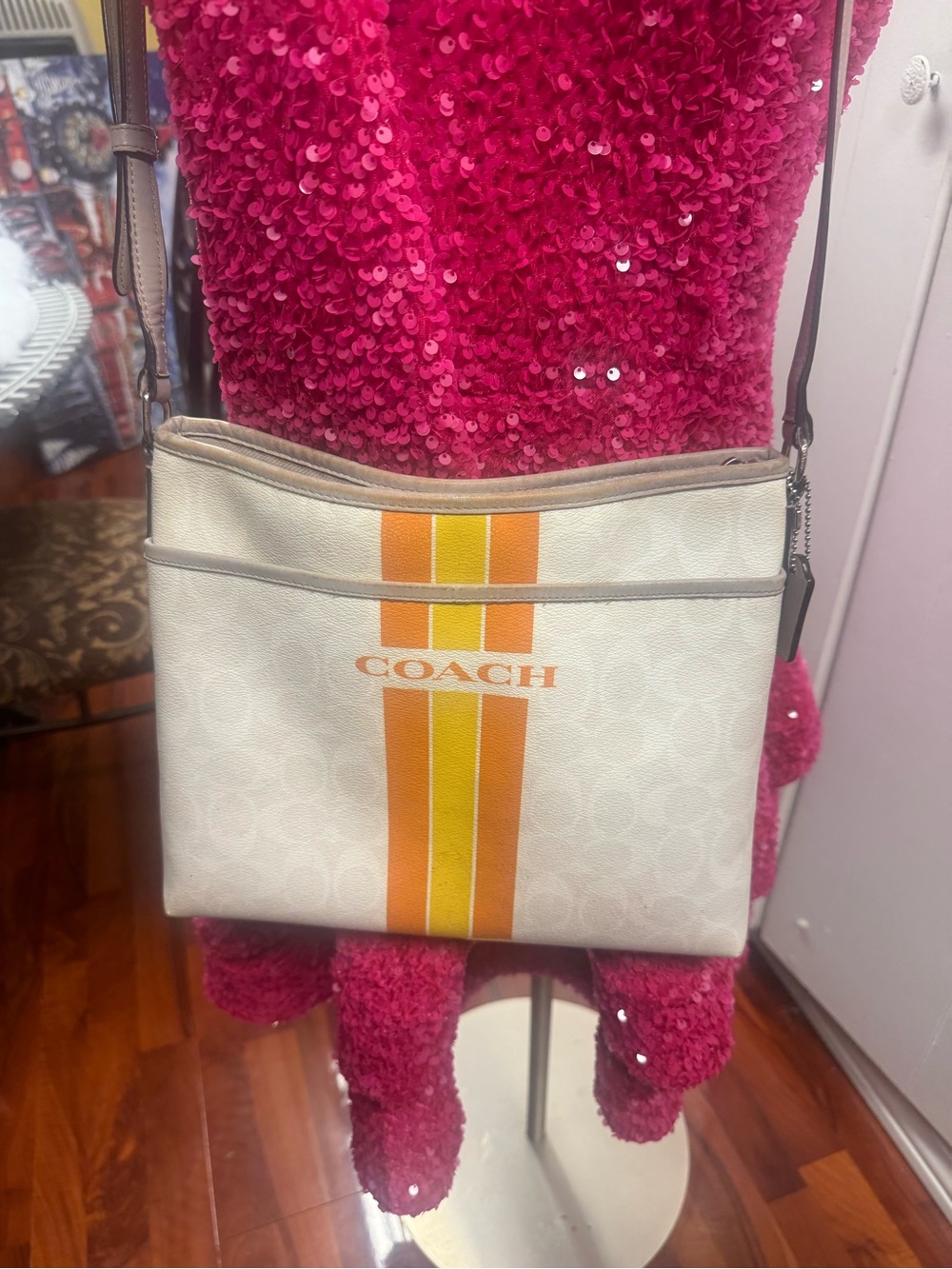 Coach Cream Signature Crossbody with Orange & Yellow Stripe
